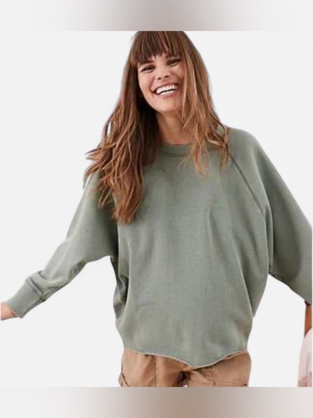 aerie Olive Green Raw Cut Relaxed Crewneck Pullover Sweater Women’s Size Small